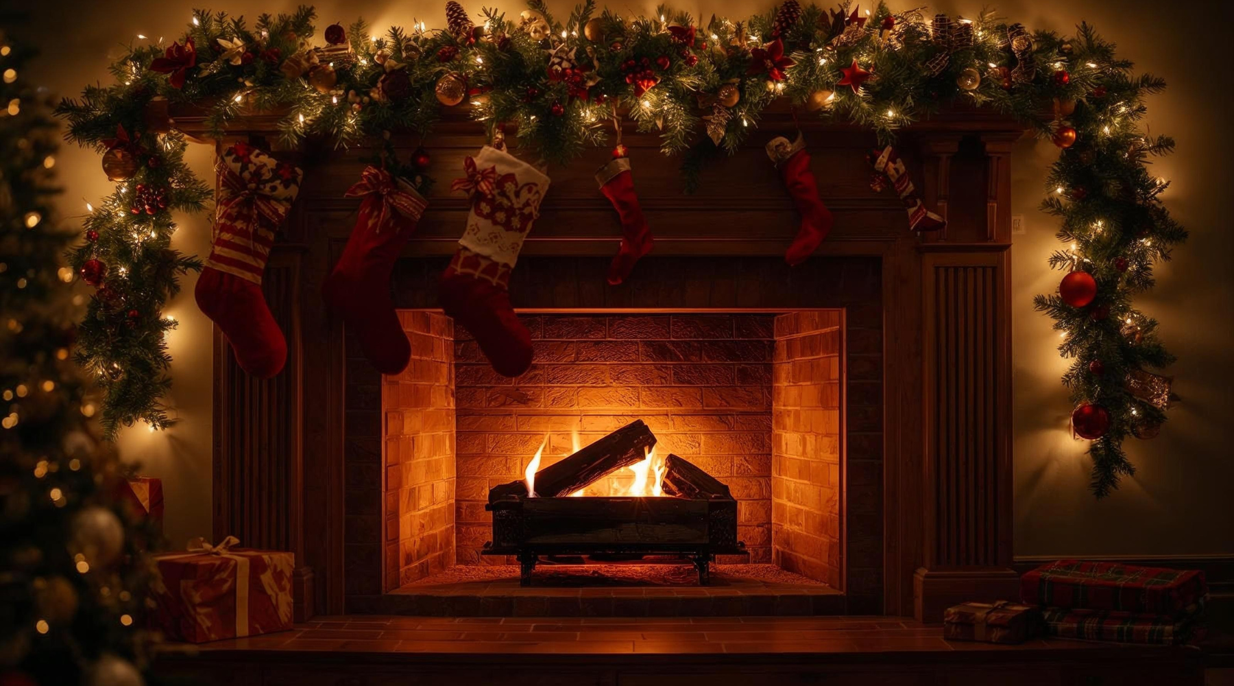 A cozy christmas fireplace decorated with festive items such as stockings and tinsle