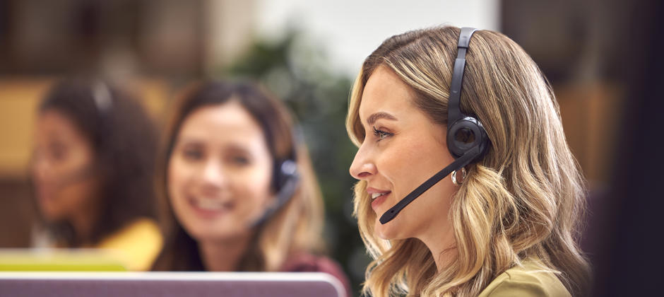 Businesswoman In Cubicle Wearing Headset Talking T 2024 10 19 08 52 25 Utc